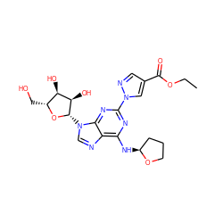 CCOC(=O)c1cnn(-c2nc(N[C@H]3CCCO3)c3ncn([C@@H]4O[C@H](CO)[C@@H](O)[C@H]4O)c3n2)c1 ZINC000028817609