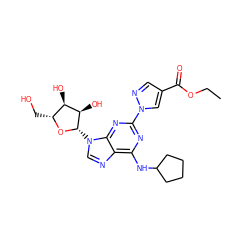 CCOC(=O)c1cnn(-c2nc(NC3CCCC3)c3ncn([C@@H]4O[C@H](CO)[C@@H](O)[C@H]4O)c3n2)c1 ZINC000028817657