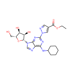 CCOC(=O)c1cnn(-c2nc(NC3CCCCC3)c3ncn([C@@H]4O[C@H](CO)[C@@H](O)[C@H]4O)c3n2)c1 ZINC000028817673