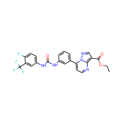 CCOC(=O)c1cnn2c(-c3cccc(NC(=O)Nc4ccc(F)c(C(F)(F)F)c4)c3)ccnc12 ZINC000043077635