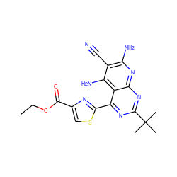 CCOC(=O)c1csc(-c2nc(C(C)(C)C)nc3nc(N)c(C#N)c(N)c23)n1 ZINC000473153718