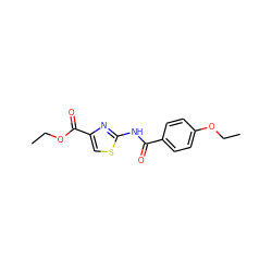 CCOC(=O)c1csc(NC(=O)c2ccc(OCC)cc2)n1 ZINC000003264880