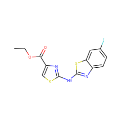 CCOC(=O)c1csc(Nc2nc3ccc(F)cc3s2)n1 ZINC000004119056