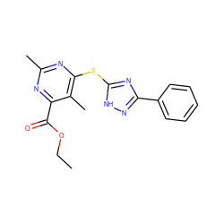 CCOC(=O)c1nc(C)nc(Sc2nc(-c3ccccc3)n[nH]2)c1C ZINC000013658860