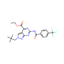 CCOC(=O)c1nc(NC(=O)c2ccc(C(F)(F)F)cc2)nc2nn(CC(C)(C)C)cc12 ZINC000103263569