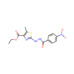 CCOC(=O)c1nc(NNC(=O)c2ccc([N+](=O)[O-])cc2)sc1C ZINC000003275622