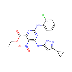 CCOC(=O)c1nc(Nc2ccccc2Cl)nc(Nc2cc(C3CC3)n[nH]2)c1[N+](=O)[O-] ZINC000169215454