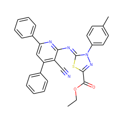 CCOC(=O)c1nn(-c2ccc(C)cc2)/c(=N/c2nc(-c3ccccc3)cc(-c3ccccc3)c2C#N)s1 ZINC000299863855