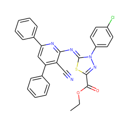 CCOC(=O)c1nn(-c2ccc(Cl)cc2)/c(=N/c2nc(-c3ccccc3)cc(-c3ccccc3)c2C#N)s1 ZINC000299862157