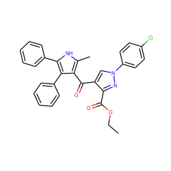 CCOC(=O)c1nn(-c2ccc(Cl)cc2)cc1C(=O)c1c(C)[nH]c(-c2ccccc2)c1-c1ccccc1 ZINC000653786035