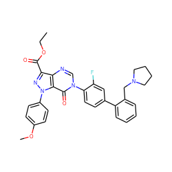 CCOC(=O)c1nn(-c2ccc(OC)cc2)c2c(=O)n(-c3ccc(-c4ccccc4CN4CCCC4)cc3F)cnc12 ZINC000014950518