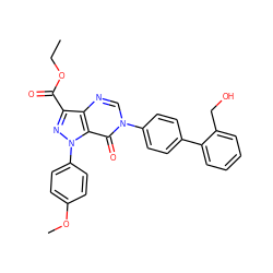 CCOC(=O)c1nn(-c2ccc(OC)cc2)c2c(=O)n(-c3ccc(-c4ccccc4CO)cc3)cnc12 ZINC000014950522