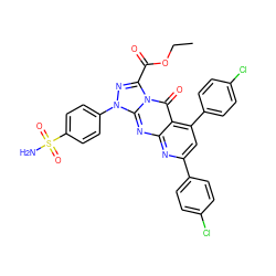 CCOC(=O)c1nn(-c2ccc(S(N)(=O)=O)cc2)c2nc3nc(-c4ccc(Cl)cc4)cc(-c4ccc(Cl)cc4)c3c(=O)n12 ZINC001772620226