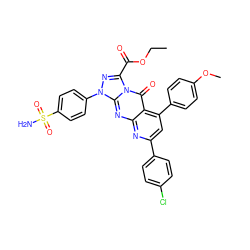 CCOC(=O)c1nn(-c2ccc(S(N)(=O)=O)cc2)c2nc3nc(-c4ccc(Cl)cc4)cc(-c4ccc(OC)cc4)c3c(=O)n12 ZINC001772576855