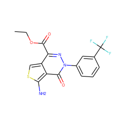 CCOC(=O)c1nn(-c2cccc(C(F)(F)F)c2)c(=O)c2c(N)scc12 ZINC000002990806