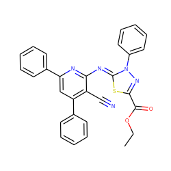 CCOC(=O)c1nn(-c2ccccc2)/c(=N/c2nc(-c3ccccc3)cc(-c3ccccc3)c2C#N)s1 ZINC000299865137