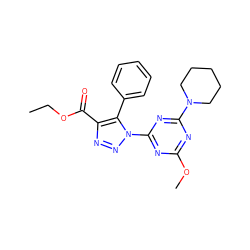 CCOC(=O)c1nnn(-c2nc(OC)nc(N3CCCCC3)n2)c1-c1ccccc1 ZINC000001079377