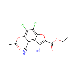 CCOC(=O)c1oc2c(Cl)c(Cl)c(OC(C)=O)c(C#N)c2c1N ZINC000071317686