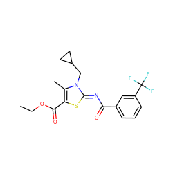 CCOC(=O)c1s/c(=N\C(=O)c2cccc(C(F)(F)F)c2)n(CC2CC2)c1C ZINC000028954352