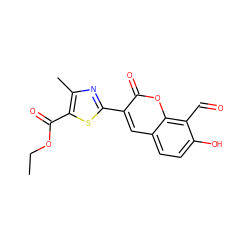 CCOC(=O)c1sc(-c2cc3ccc(O)c(C=O)c3oc2=O)nc1C ZINC000261116100