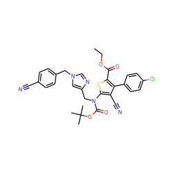 CCOC(=O)c1sc(N(Cc2cn(Cc3ccc(C#N)cc3)cn2)C(=O)OC(C)(C)C)c(C#N)c1-c1ccc(Cl)cc1 ZINC000653696903