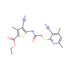 CCOC(=O)c1sc(NC(=O)CSc2nc(C)cc(C)c2C#N)c(C#N)c1C ZINC000013285032