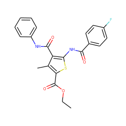CCOC(=O)c1sc(NC(=O)c2ccc(F)cc2)c(C(=O)Nc2ccccc2)c1C ZINC000001413034