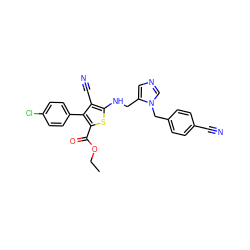 CCOC(=O)c1sc(NCc2cncn2Cc2ccc(C#N)cc2)c(C#N)c1-c1ccc(Cl)cc1 ZINC000653714736