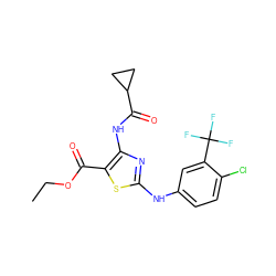 CCOC(=O)c1sc(Nc2ccc(Cl)c(C(F)(F)F)c2)nc1NC(=O)C1CC1 ZINC000299871256