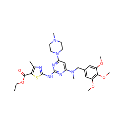 CCOC(=O)c1sc(Nc2nc(N(C)Cc3cc(OC)c(OC)c(OC)c3)cc(N3CCN(C)CC3)n2)nc1C ZINC000049881579