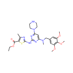 CCOC(=O)c1sc(Nc2nc(N(C)Cc3cc(OC)c(OC)c(OC)c3)cc(N3CCNCC3)n2)nc1C ZINC000049881576