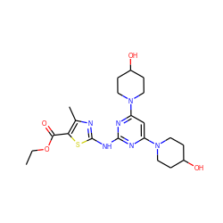 CCOC(=O)c1sc(Nc2nc(N3CCC(O)CC3)cc(N3CCC(O)CC3)n2)nc1C ZINC000001553722