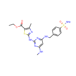 CCOC(=O)c1sc(Nc2nc(NC)cc(NCc3ccc(S(N)(=O)=O)cc3)n2)nc1C ZINC000038382285