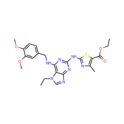 CCOC(=O)c1sc(Nc2nc(NCc3ccc(OC)c(OC)c3)c3c(ncn3CC)n2)nc1C ZINC000028354915