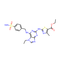 CCOC(=O)c1sc(Nc2nc(NCc3ccc(S(N)(=O)=O)cc3)c3c(ncn3CC)n2)nc1C ZINC000026744704