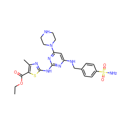 CCOC(=O)c1sc(Nc2nc(NCc3ccc(S(N)(=O)=O)cc3)cc(N3CCNCC3)n2)nc1C ZINC000049881479