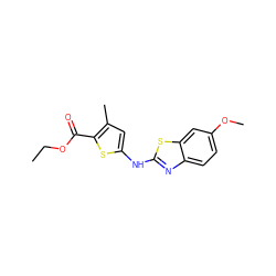 CCOC(=O)c1sc(Nc2nc3ccc(OC)cc3s2)cc1C ZINC000004137744