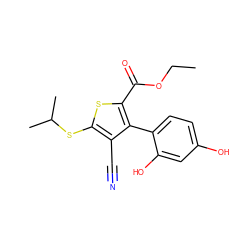 CCOC(=O)c1sc(SC(C)C)c(C#N)c1-c1ccc(O)cc1O ZINC000169329743