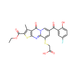 CCOC(=O)c1sc2nc3c(SCC(=O)O)cc(C(=O)c4cc(F)ccc4O)cn3c(=O)c2c1C ZINC000003426064