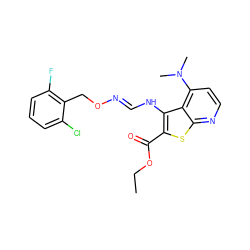 CCOC(=O)c1sc2nccc(N(C)C)c2c1N/C=N/OCc1c(F)cccc1Cl ZINC000008762025