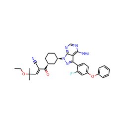 CCOC(C)(C)/C=C(\C#N)C(=O)[C@H]1CCC[C@@H](n2nc(-c3ccc(Oc4ccccc4)cc3F)c3c(N)ncnc32)C1 ZINC001772587887