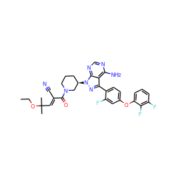 CCOC(C)(C)/C=C(\C#N)C(=O)N1CCC[C@@H](n2nc(-c3ccc(Oc4cccc(F)c4F)cc3F)c3c(N)ncnc32)C1 ZINC000149840283