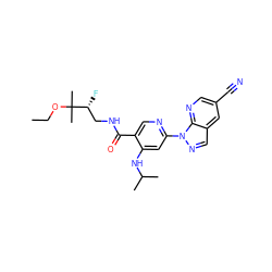 CCOC(C)(C)[C@H](F)CNC(=O)c1cnc(-n2ncc3cc(C#N)cnc32)cc1NC(C)C ZINC001772624930