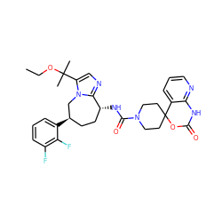 CCOC(C)(C)c1cnc2n1C[C@H](c1cccc(F)c1F)CC[C@H]2NC(=O)N1CCC2(CC1)OC(=O)Nc1ncccc12 ZINC000071341557