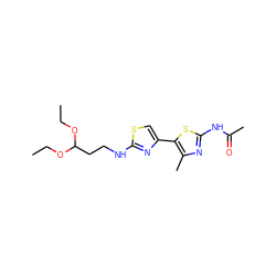 CCOC(CCNc1nc(-c2sc(NC(C)=O)nc2C)cs1)OCC ZINC000136138718