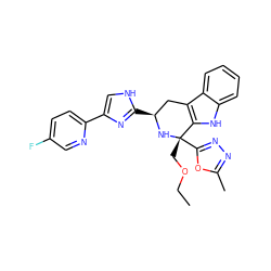 CCOC[C@@]1(c2nnc(C)o2)N[C@@H](c2nc(-c3ccc(F)cn3)c[nH]2)Cc2c1[nH]c1ccccc21 ZINC000169702926