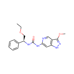 CCOC[C@@H](NC(=O)Nc1cc2[nH]nc(OC)c2cn1)c1ccccc1 ZINC001772631451