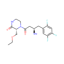 CCOC[C@@H]1C(=O)NCCN1C(=O)C[C@H](N)Cc1cc(F)c(F)cc1F ZINC000071340560