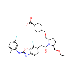 CCOC[C@@H]1CC[C@@H](CO[C@H]2CC[C@H](C(=O)O)CC2)N1C(=O)Cc1ccc2nc(Nc3cc(F)ccc3C)oc2c1F ZINC000261118437