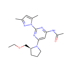 CCOC[C@@H]1CCCN1c1cc(NC(C)=O)nc(-n2nc(C)cc2C)n1 ZINC000040860598